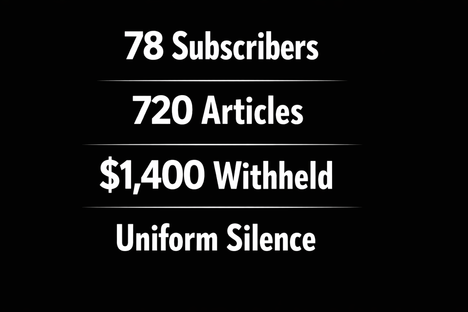 78 Subscribers, 4 years in, 720 Articles, No Payments Received, and a Wall of Silence